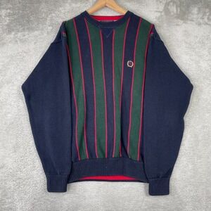Vintage 90s Tommy Hilfiger Sweater Mens Medium Blue Striped Retro Crest Logo